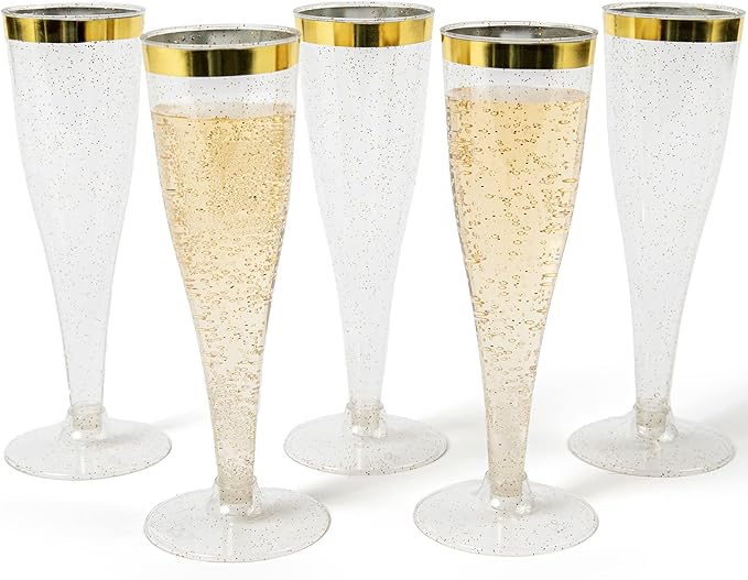 Disposable Gold Glitter Plastic Champagne Glasses for New Years Eve Party Supplies 2023